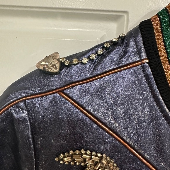 Coach Shrunken Leather Varsity Jacket In Metallic Cadet Blue I Size 2 - Picture 9 of 16